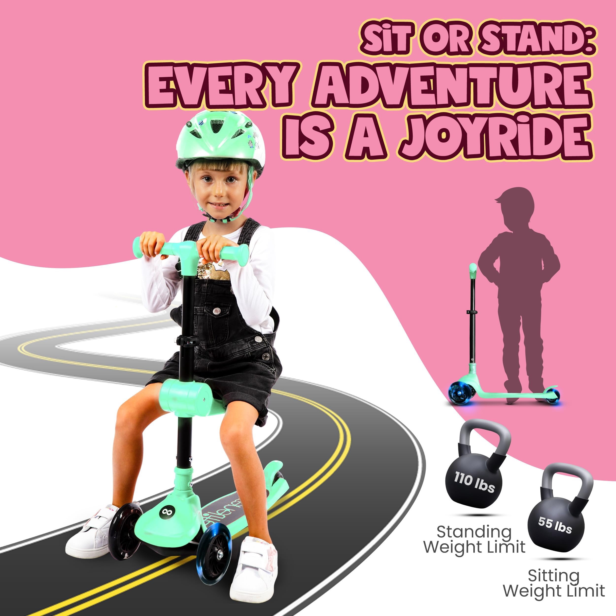 SereneLife 3-Wheel Foldable Kids Scooter  LED Wheel Lights, Adjustable Handlebar, Rear Foot Brake, Lean-to-Steer, Anti-Slip Deck  Ideal for Toddlers & Kids 2+, up to 110 lbs