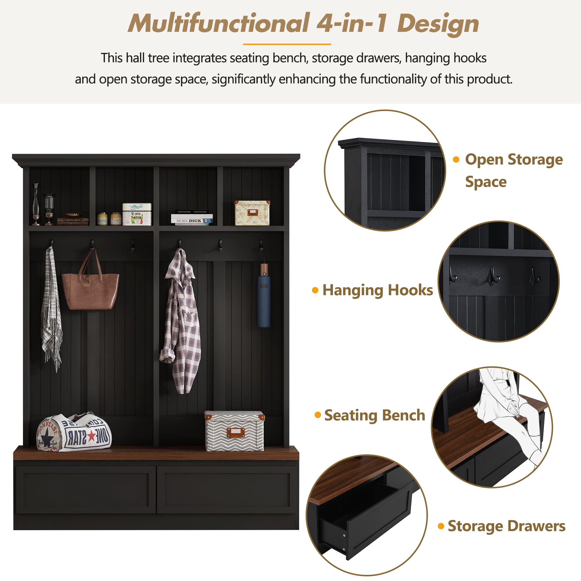 T-Foyer Farmhouse Black Hall Tree with 6 Hooks & Bench, Wooden Rustic Entryway Organizer with Open Storage & 2 Drawers