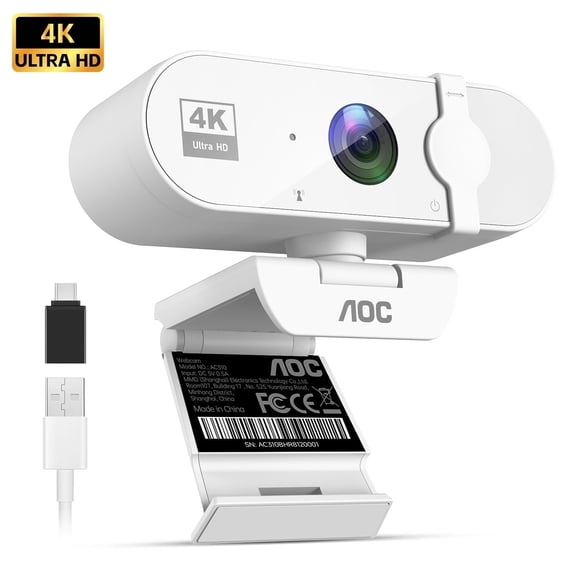 AOC 4K Webcam for PC with Noise Canceling Mic, Privacy Cover, 99° FOV, USB Plug and Play Computer Camera for Laptop Streaming Office, White