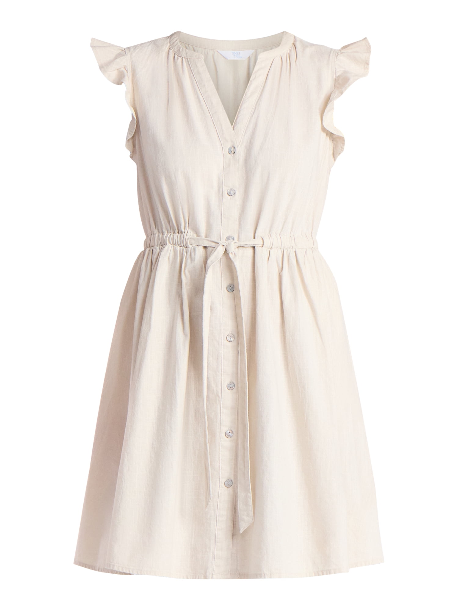 Time and Tru Women's and Women's Plus Button Front Cotton Mini Dress with Flutter Sleeves, Sizes XS-4X