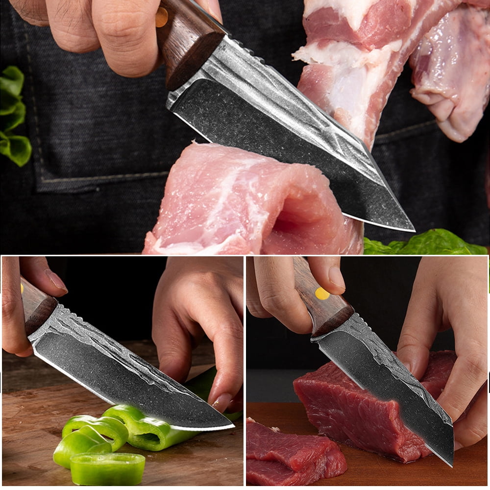 Fixed Blade Knife 3PCS High Carbon Steel Butcher Knives Set Full Tang Mini Hunting Knife with Leater Sheath Wood Handle and Paracord Lanyard for Outdoor Camping Bushcraft