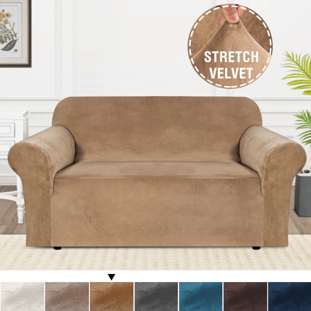 H.VERSAILTEX 1Piece Luxury Velvet Loveseat Stretch Slipcover, Luggage