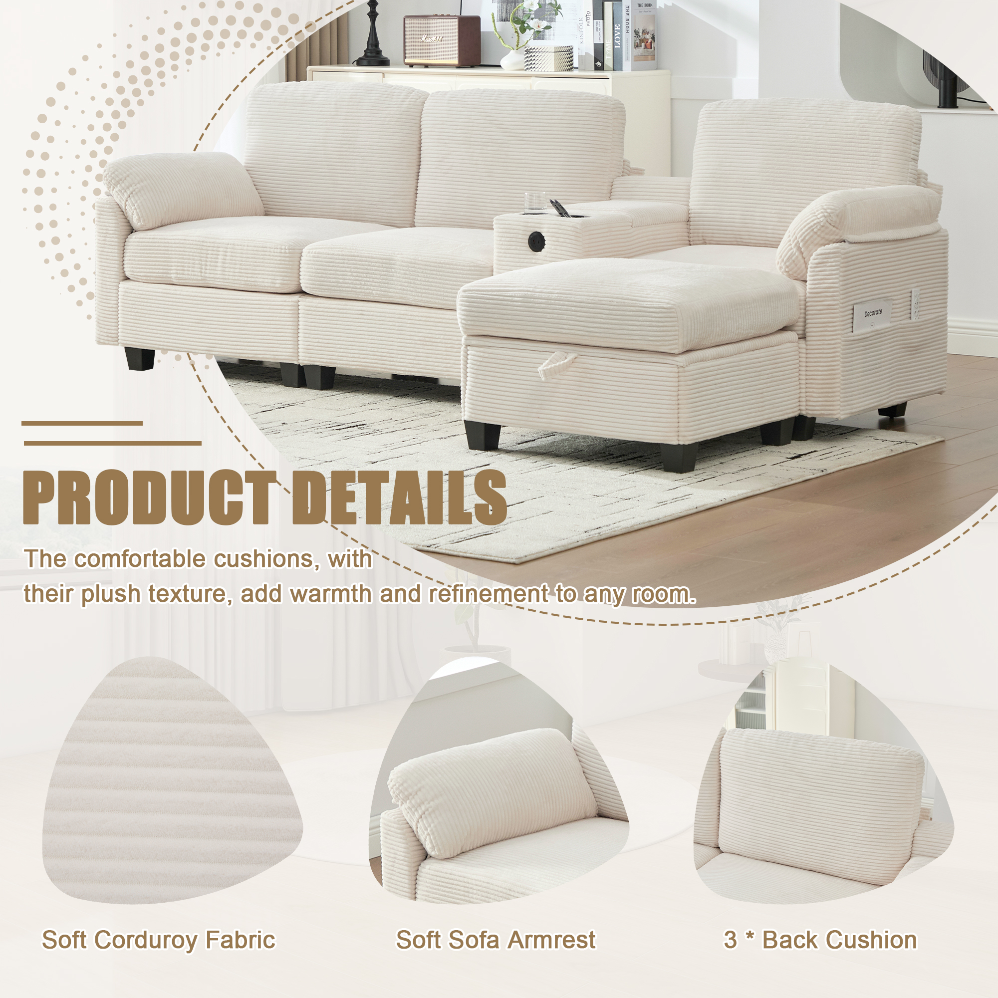 MOONMISS Corduroy Upholstered L-Shaped 4-seater Storage Multifunctional Sectional Sofa with Storage Ottoman-Beige