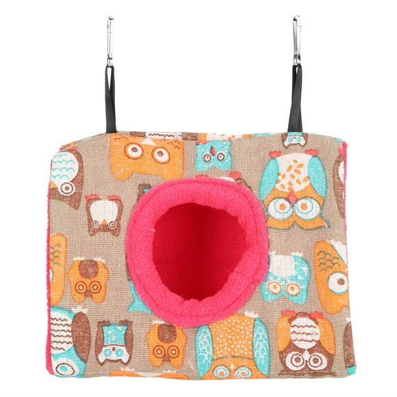 Hamaca colgante cálida para loros, pájaros, nido de peluche esponjoso, cama columpio para hámster, ardillas, diseño de búho y fondo rojo rosa.