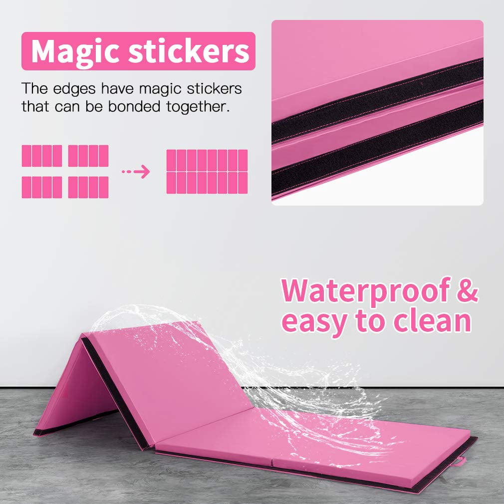 PayLessHere Foldable Gymnastics Mat 4'x10' PU Leather Tumbling Yoga Mat for Home Outdoor，Pink