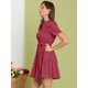 thumbnail image 4 of Vestido Camisero De Algodón Con Botones Para Mujer, Cuello Con Volantes, Dobladillo Con Cinturón, Manga Corta, Informal, Por Encima De La Rodilla, Camisero Vino rojo M, 4 of 7