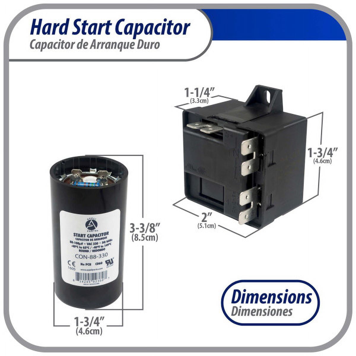 Appli Parts APHS-1 1 to 3 TON Hard Start kit 208-244 V, 1 Ph for air conditioner includes Capacitor 88-108mfd 330V and Potential Relay for Air Conditioner scroll and reciprocating compressors