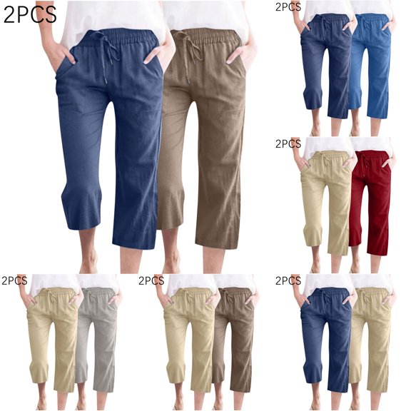 BVOFAR Women's Linen Capri Pants 2 Pack Dressy Casual Drawstring Elastic Waist Capris Loose Fit Pull On Pedal Pushers Comfy Everyday Cropped Trousers Gray S