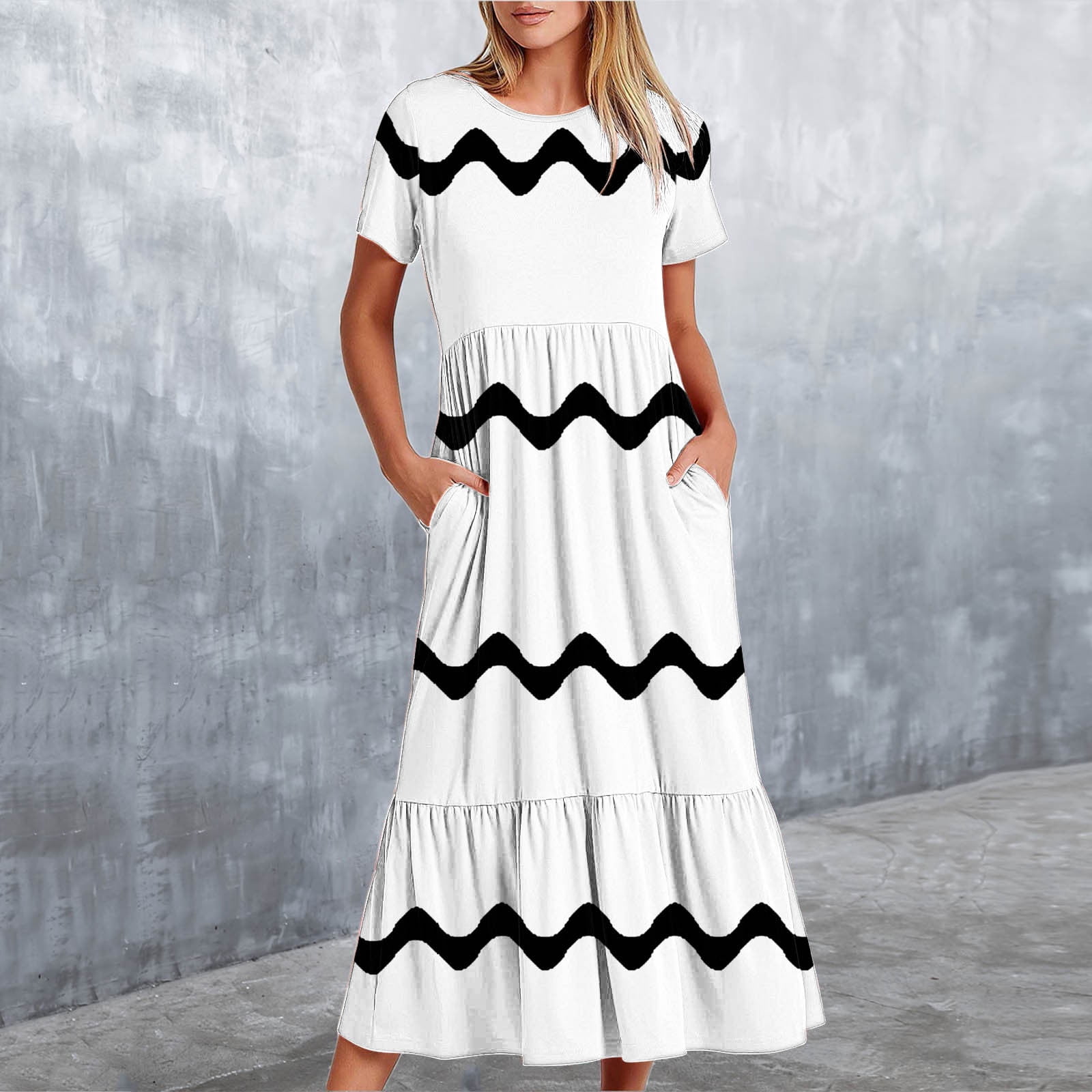 Womens Short Sleeve Mid Long Dress with Pockets Fashion Wave Striped Print Pleated Casual Tiered Maxi T-shirt Dress (X-Large, White)