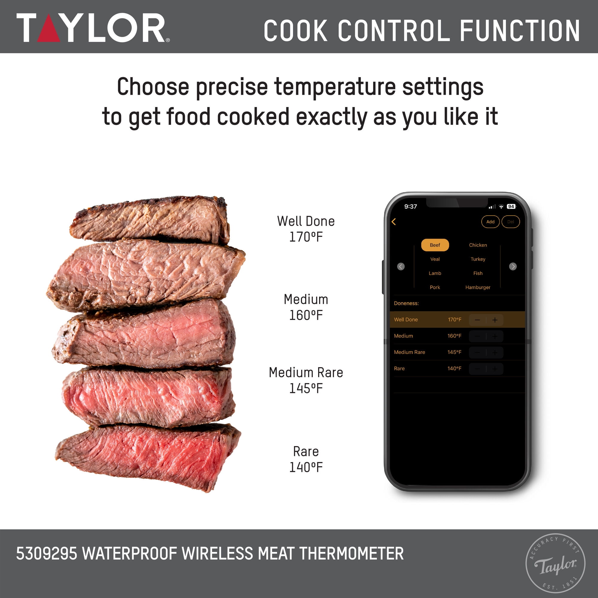 Taylor Waterproof Bluetooth Digital Wireless Grill and Meat Thermometer with Smart Probe Black