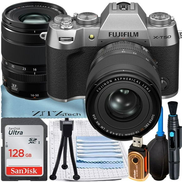 FUJIFILM X-T50 Mirrorless Camera (Silver) with XF 16-50mm Lens + SanDisk 128GB Memory Card + ZeeTech Accessory Bundle