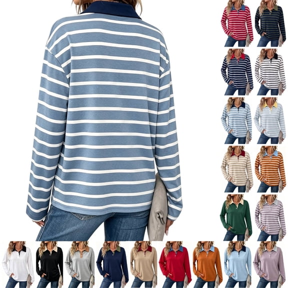 Striped Polo Shirts for Women Long Sleeve Rugby Shirts Loose Preppy Collared Pullover Fall Casual