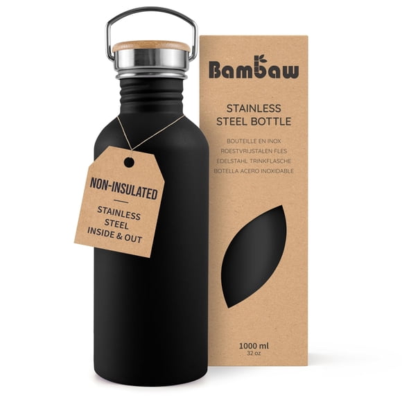 Botella de Agua de Acero Inoxidable Bambaw 1L No Aislada Negra