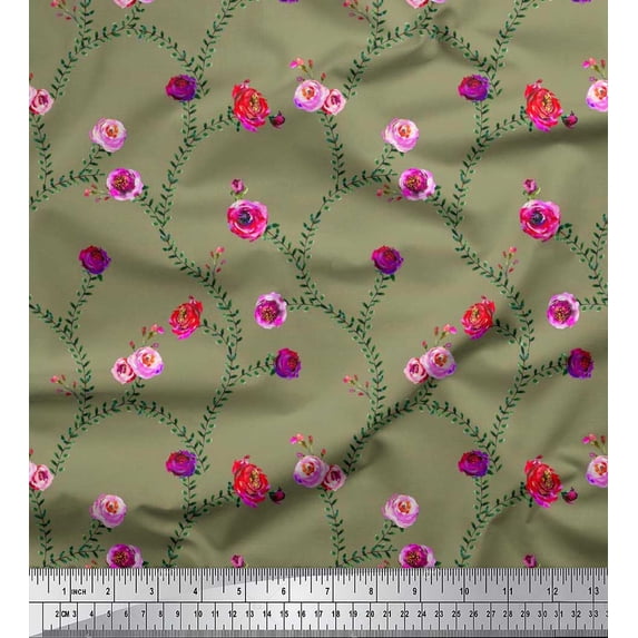 Soimoi Crepe Silk Fabric Leaves & Peony Floral Print Fabric by The Yard 42 Inch Wide