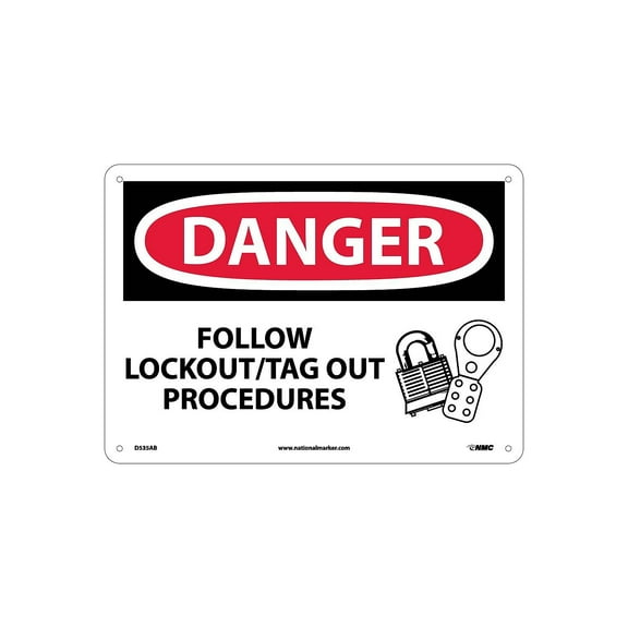 National Marker Danger Signs; Follow Lockout Tag Out Procedures Graphic 10X14 .040 Aluminum D535AB