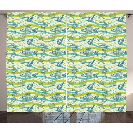 - Starfish Curtains 2 Panels Set, Oceanic Wave Inspired Lines with Sketchy Bubbles Seahorse Fish Cockleshell Art, Window Drapes for Living Room Bedroom, 108W X 108L Inches, Multicolor, by Ambesonne