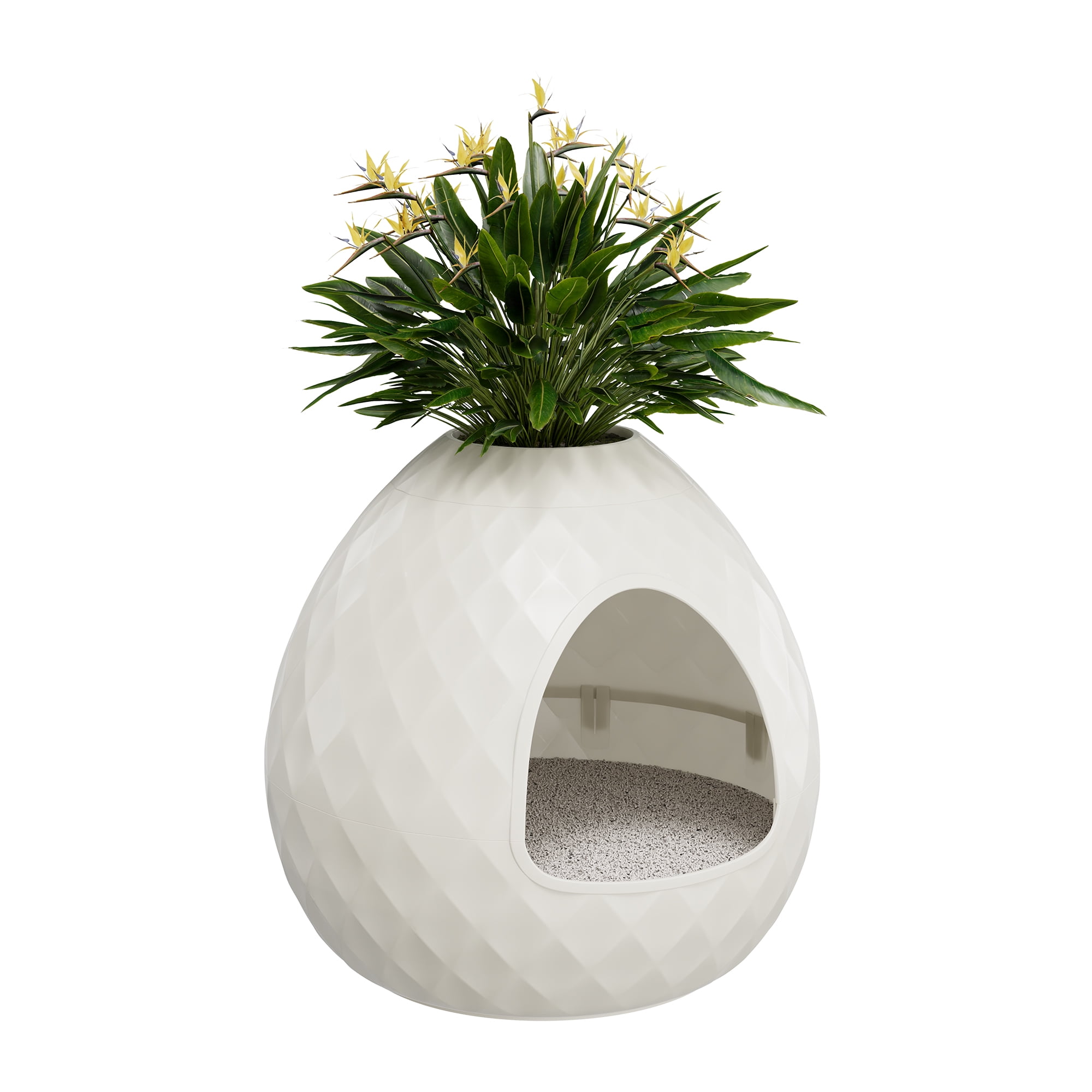 LHBcraft Cat Litter Box Enclosure, Resin Egg-Shaped Hidden Litter Box Furniture with Removable Planter Top, Multi-Functional & Easy to Clean for Living Room Indoor, White