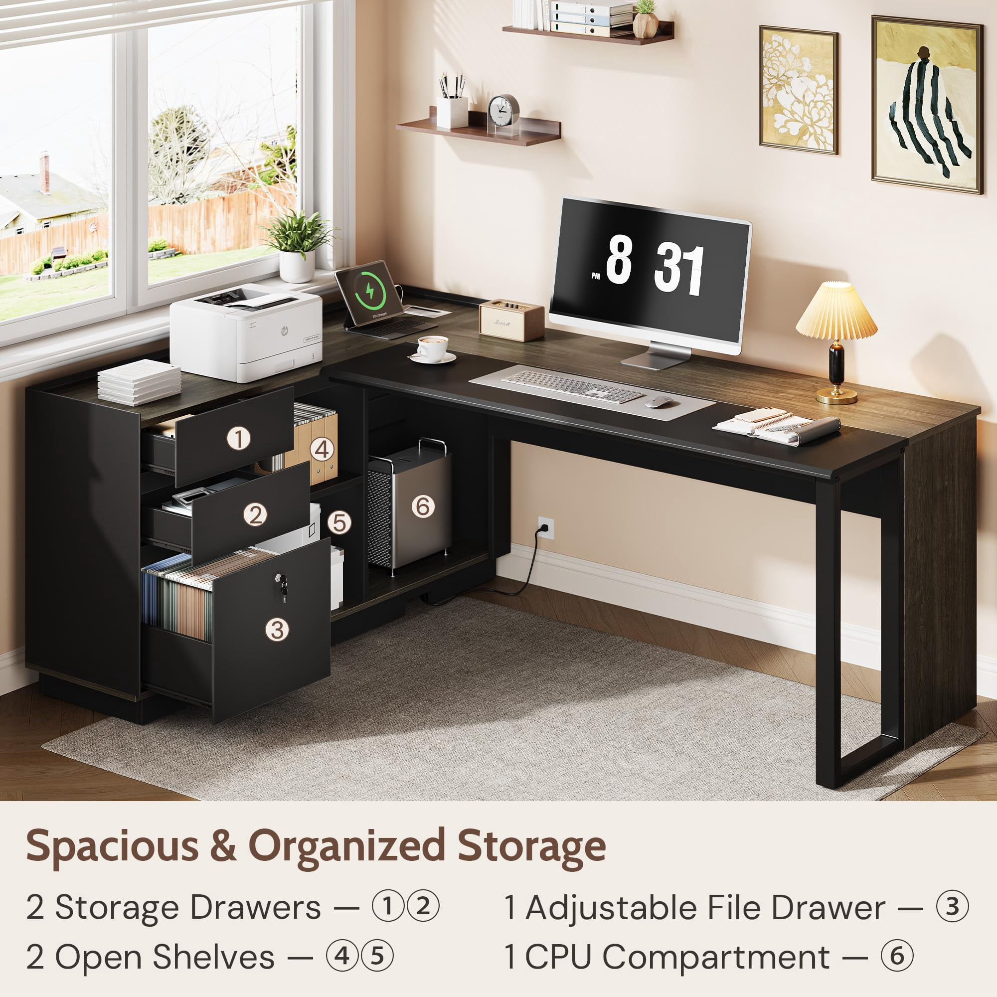 Vividwood 70" L-Shaped Executive Desk with Cabinet Storage, 3 Drawers, Storage Shelves, CPU Stand