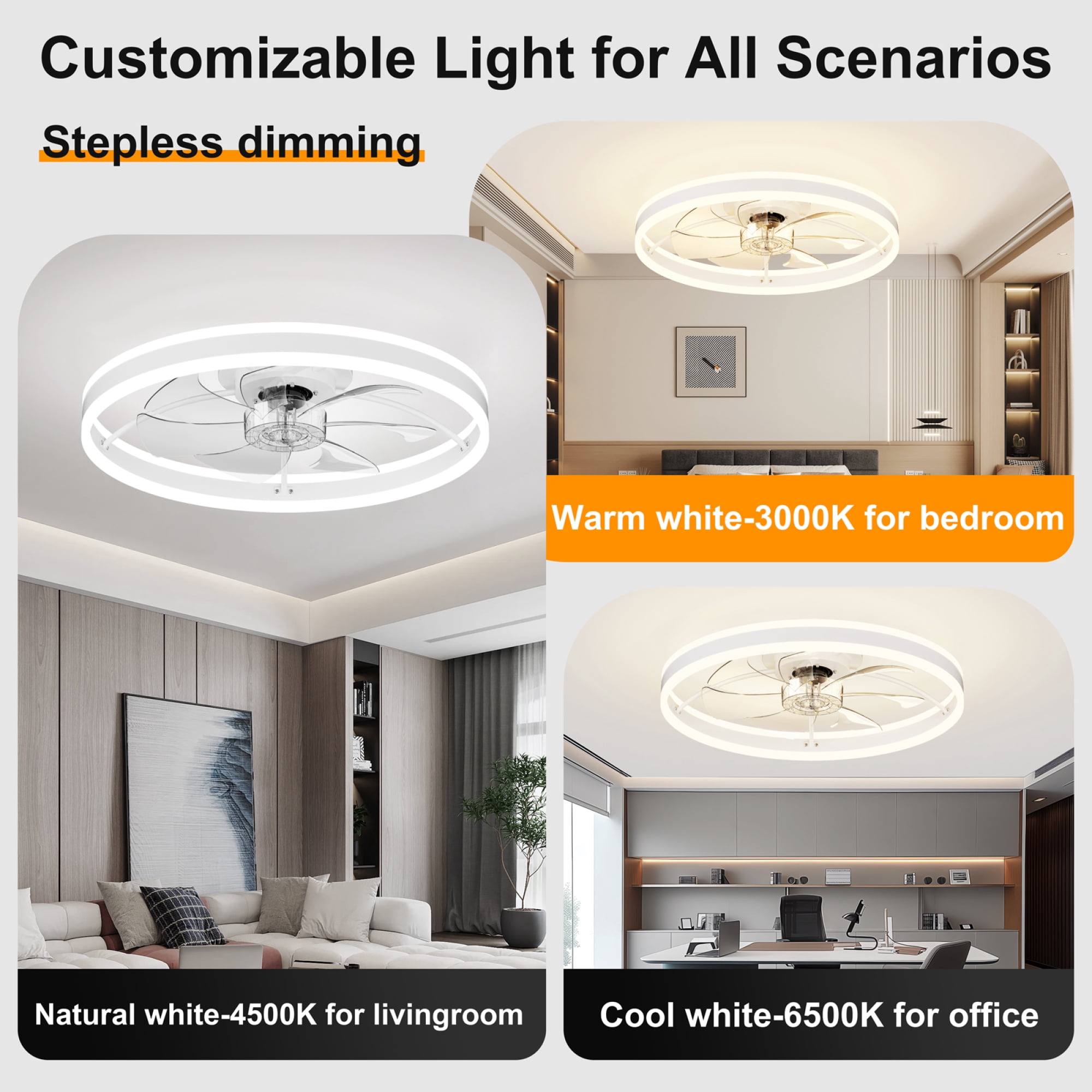Leumius 23.6"Smart Ceiling Fan with LED Light, 7 Blades Modern Metal Design, 6-Speed Quiet DC Motor, APP & Remote Control, Dimmable Light 3000K-6500K for Living Room Bedroom White