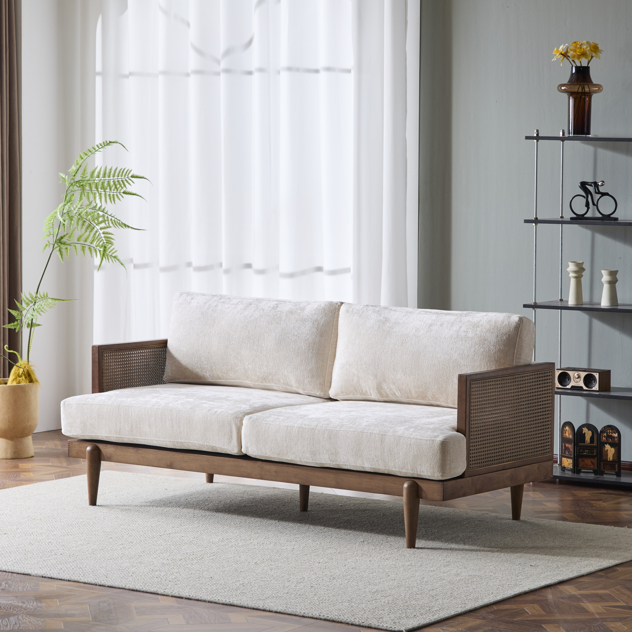 Christopher Knight Home Vintage 72“ Rattan 3-Seat Sofa with Solid Wood Frame, High-Rebound Cushions, Walnut