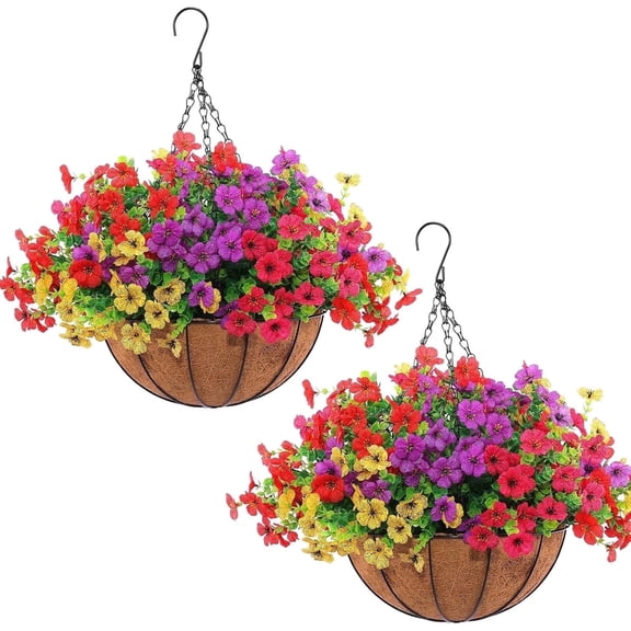 2 Sets of Artificial Hanging Baskets, 24 Simulated Flowers, with Metal Coconut Baskets, Suitable for Outdoor Spring and Summer Courtyard Decoration
