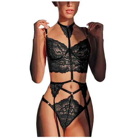 

Odeerbi See Through Garter Set Lingerie for Women Sexy Lace Hollow Out Babydoll Underwear Sleepwear Intimates Thong Set Black
