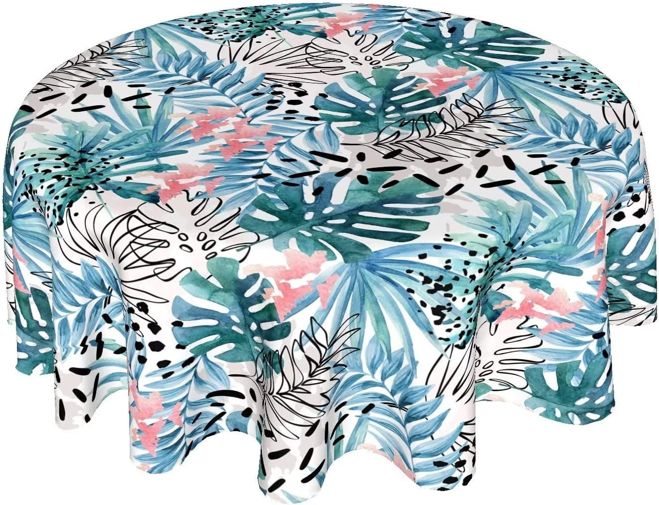Summer Tropical Theme Round Tablecloth 60 Inch Hawaiian Leaves Palm