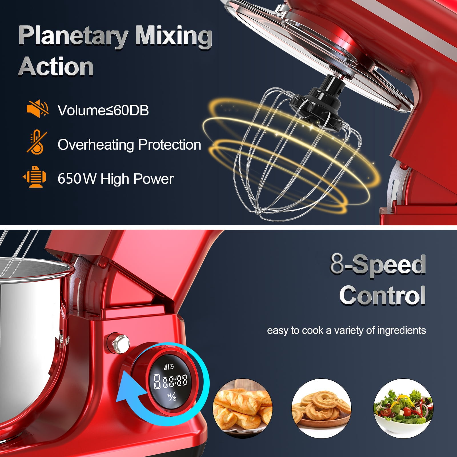 Fenbeli 5.3Qt Stand Mixer,650 W 8 Speeds Kitchen Electric Food Mixer for Daily Use with Egg Whisk,Dough Hook,Flat Beater,Red