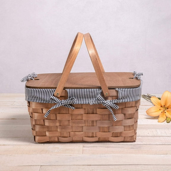 Picnic Time Kansas Handwoven Wood Picnic Basket with Tabletop Lid and Removable Liner, Navy Blue & White Stripe