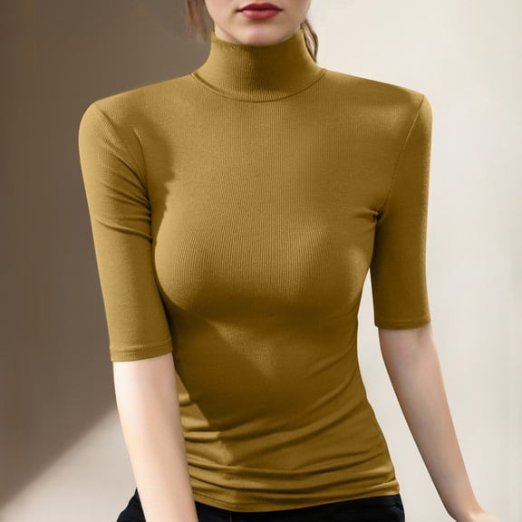 Womens Basic Layer Tops Turtleneck 3/4 Sleeve Solid Color Pullover Casual Comfy Ribbed Clothing Slim Fit (XL, Yellow)