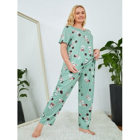 

Mint Green Cute Women s Plus Polka Dot Cartoon Graphic Pajama Set 4XL(20) Y22001D