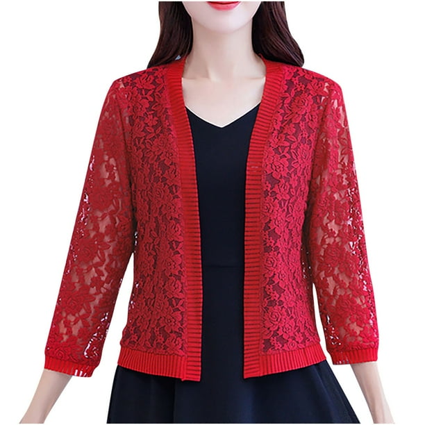 Chaqueta y abrigo informal de manga larga sin capucha para mujer, chaqueta informal de moda con encaje y manga larga ahuecada, cárdigan, top de poliéster para mujer