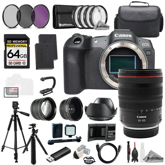 Canon EOS R8 Camera   RF 24-105mm f/4L IS USM Lens 64GB Ext Bat 9 PC Filter-MEGA Kit (International Version)