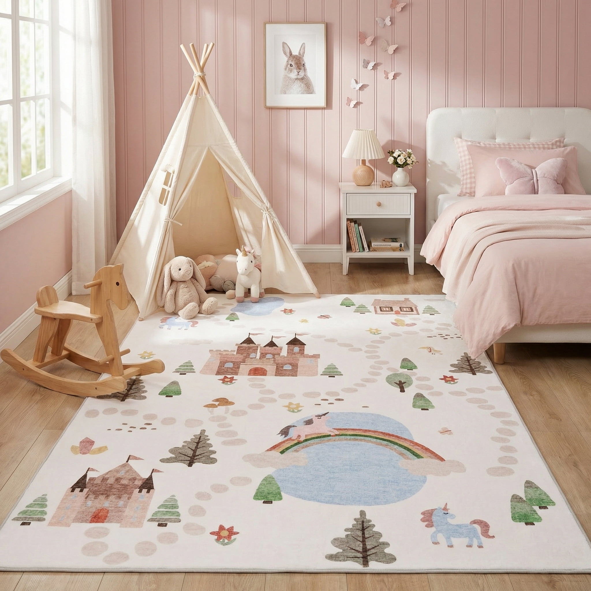 Rug Branch Soft Steps Playtime Unicorns, Castle, Road Map, Educational Soft Area Rug, White Blue - Boys & Girls in Playroom, Nursery, Bedroom
