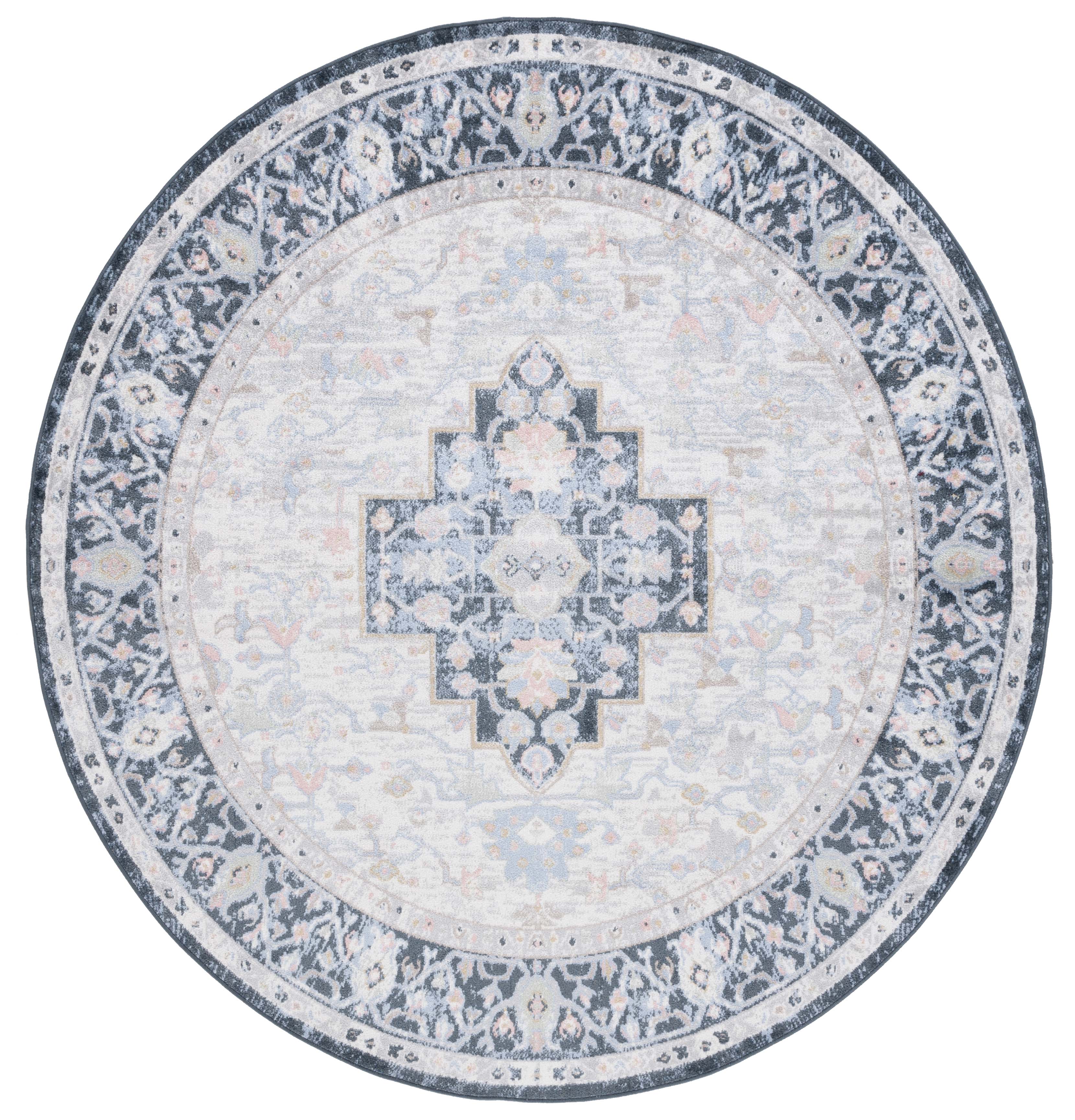 SAFAVIEH Bayside Alyx Oriental Polyester Machine Washable Area Rug, Blue/Ivory, 6'7" x 6'7" Round