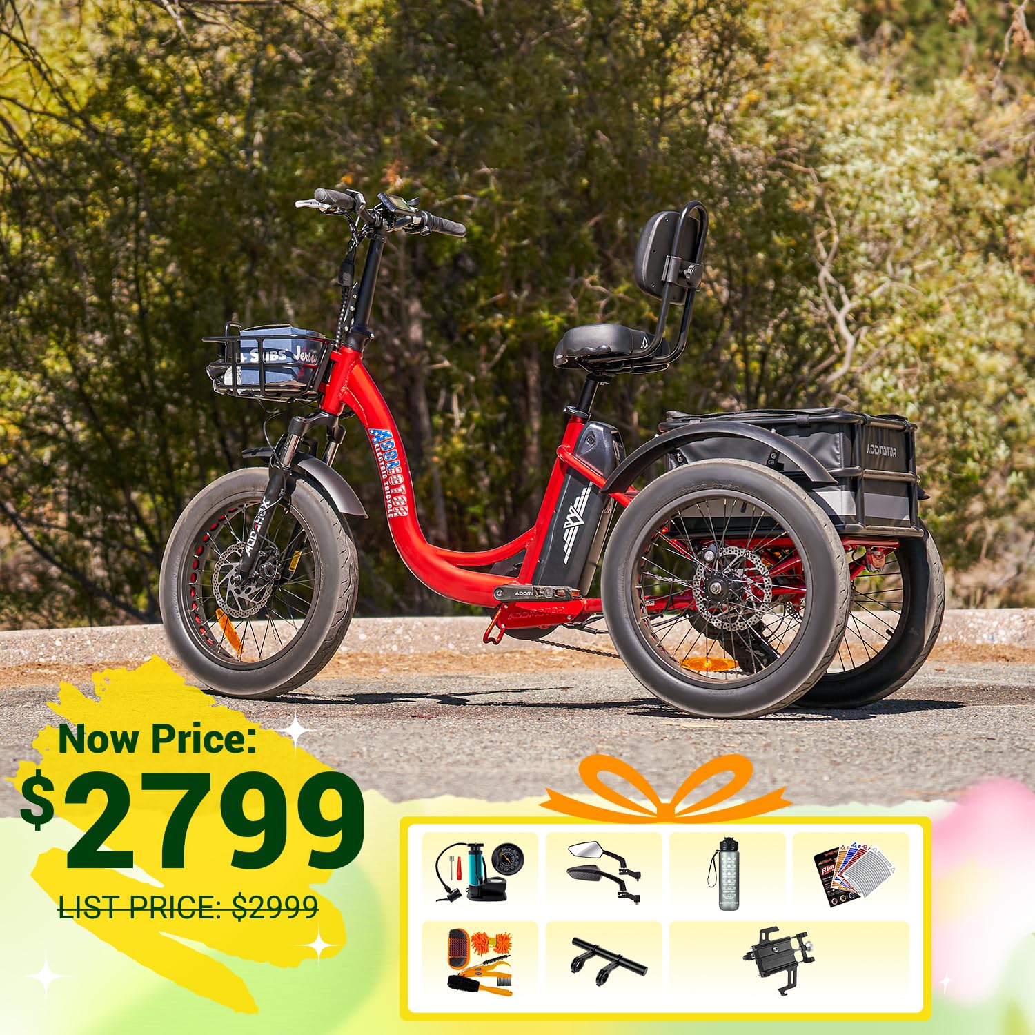 Addmotor Step-Thru Electric Trike, Fat Tire Electric Tricycle for Adults with Basket, 750W 48V 20Ah 3 Wheel Electric Bicycles for Seniors, M-330II Black