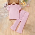 thumbnail image 3 of Pandaie 2-8Y Girl's 2 Piece Outfit Ruffle Short Sleeve Shirt Tops Bell Bottom Flared Wide Leg Sweatpants Summer Clothing Set Red 130(5-6 Years), 3 of 4
