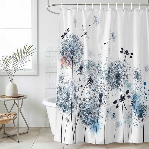 Blue Teal Dandelion Waterproof Fabric Shower Curtain,Dragonfly Modern Art Watercolor Waterproof Fabric Shower Curtain for Bathroom Curtains Bathtubs Hotel Shower Curtains with 12 Hooks Stall 54x78in