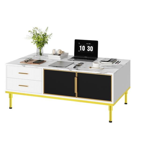 Modern Coffee Table with Large Storage – 4 Drawers & 2 Glass-Front Cabinets, Fluted Panel Faux Marble Design, Gold Metal Legs, Rectangular Centerpiece for Living Room, White Body & Marble Tabletop