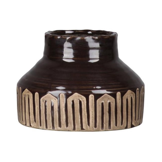 Urban Trends Collection 41507 Ceramic Round Vase with Irregular Narrow Lip & Short Neck, Banded Tribal Pattern Design Bottom, Gloss Finish - Dark Brown