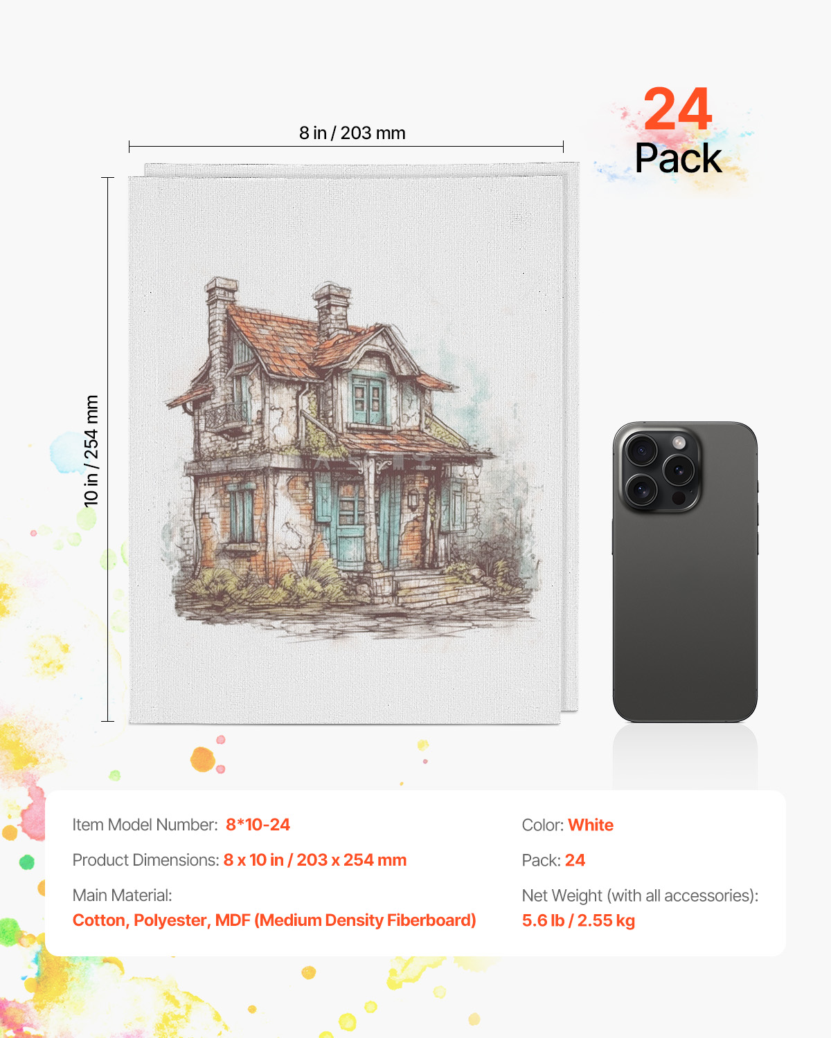 VEVOR Canvas Boards for Painting, 8 x 10 Inch White Canvases for Painting, 24 Pack Painting Canvas Panels for Sketching, Acrylic and Oil Painting, Watercolor, Paint Canvas for Kids and Professionals