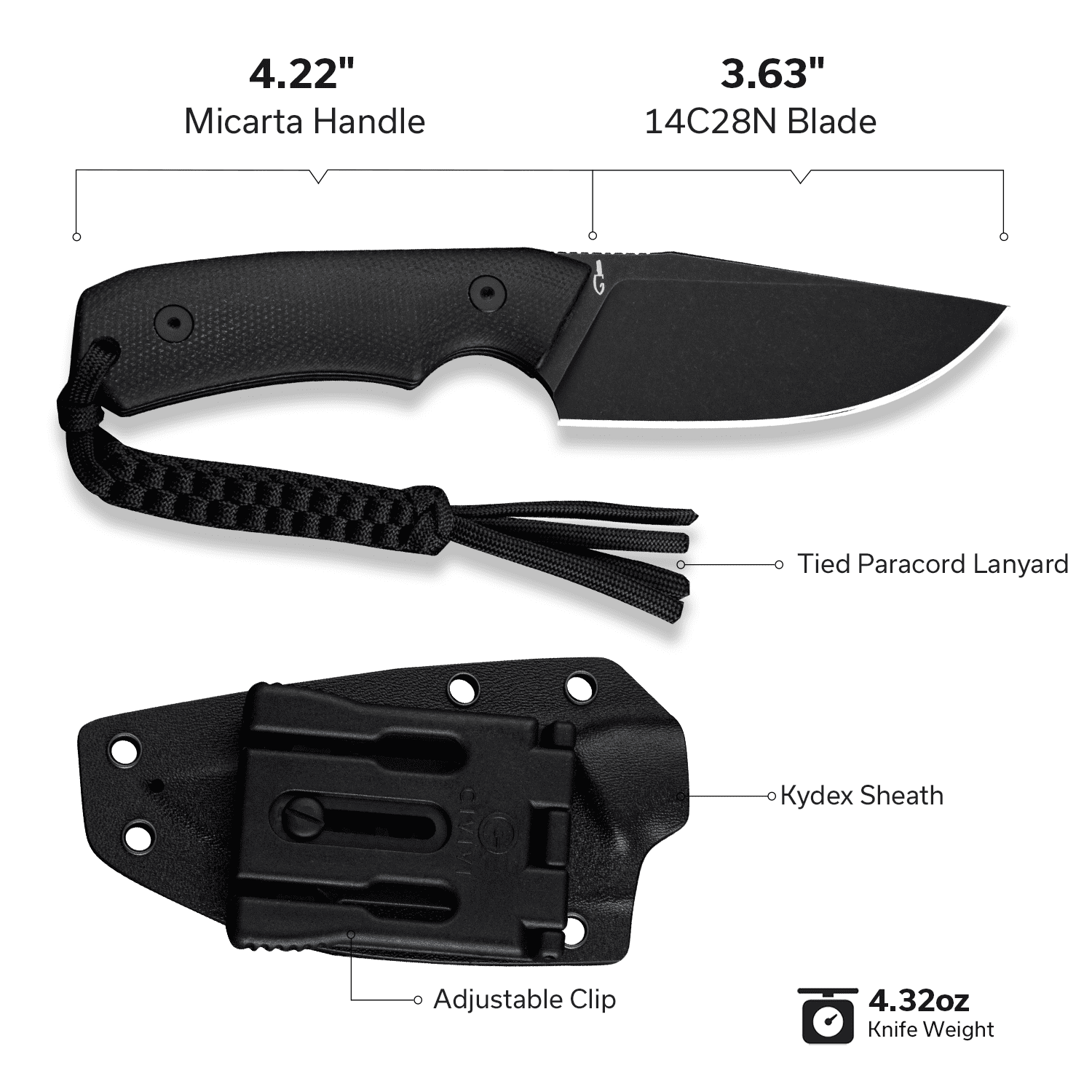 CIVIVI Knives Gander Fixed Blade Black Canvas Micarta & 14C28N Stainless Steel Knife C24058B-2