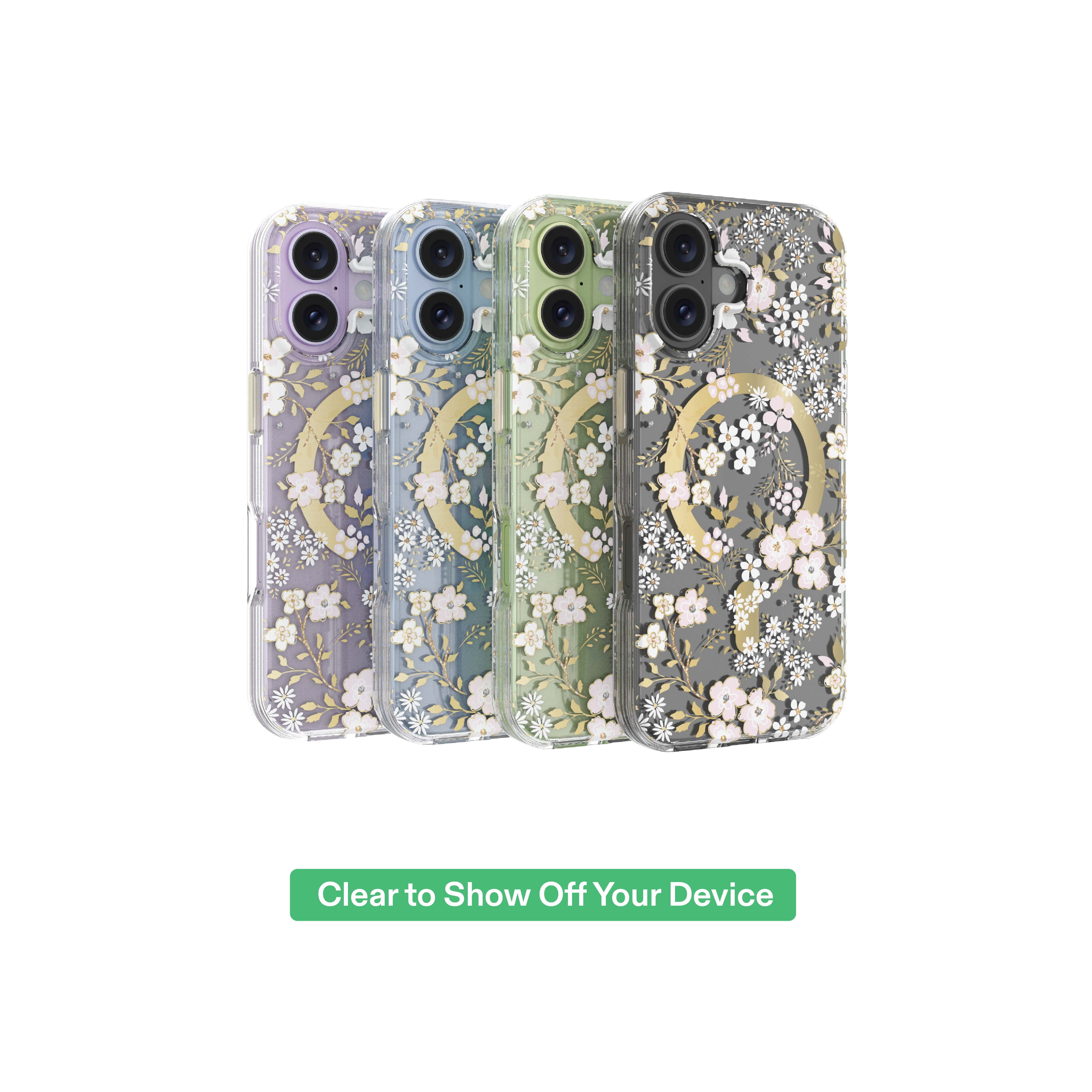 onn Phone Case for iPhone 17, MagSafe Compatible - Pink & White Floral with Gems
