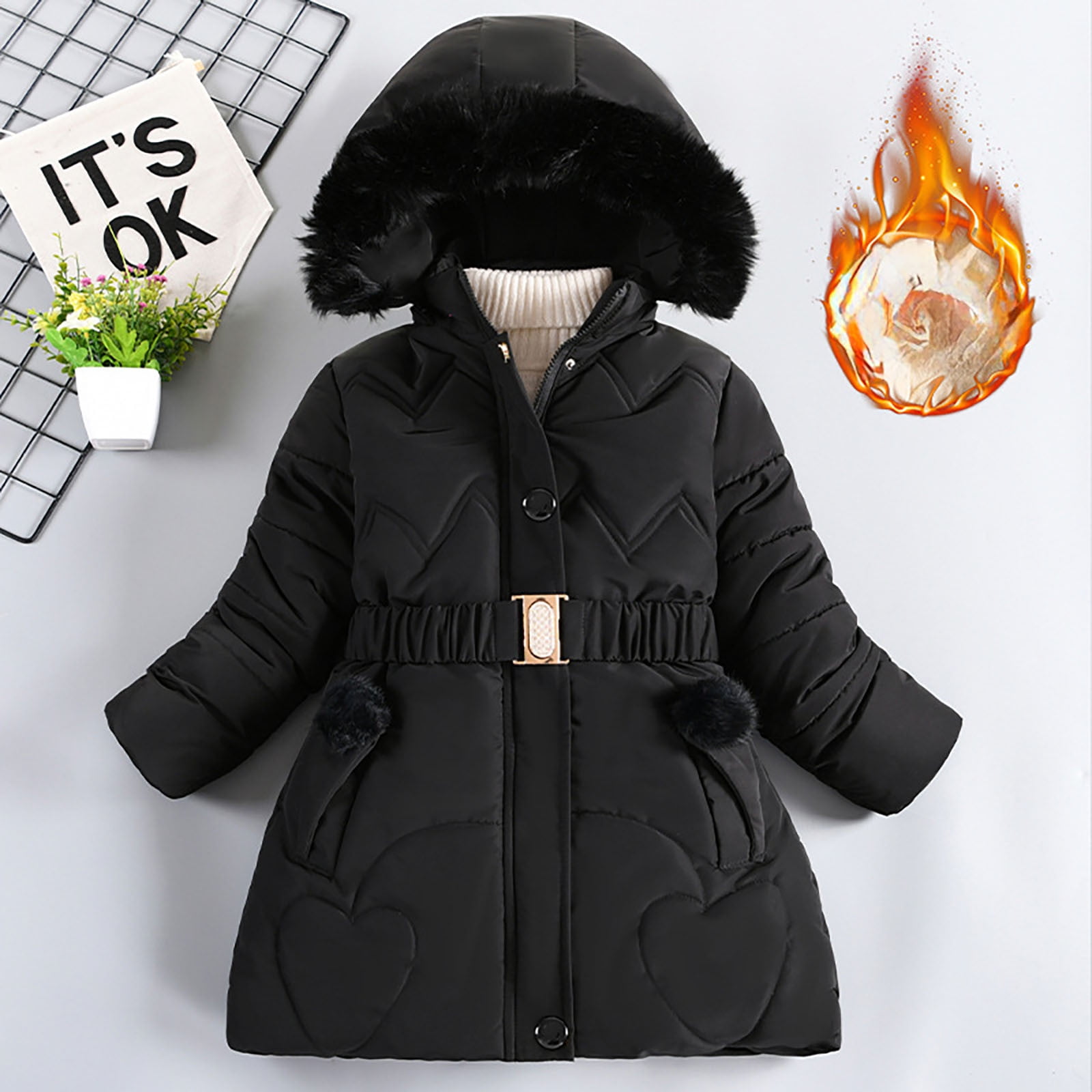 Generisch Manteau D'hiver En Duvet Pour Fille, Chaud, épais, Doublé En Fausse Fourrure, Veste à Capuche, Vêtements Pour Temps Froid, élégant, Pour Enfant, Noir , 4-5 Ans