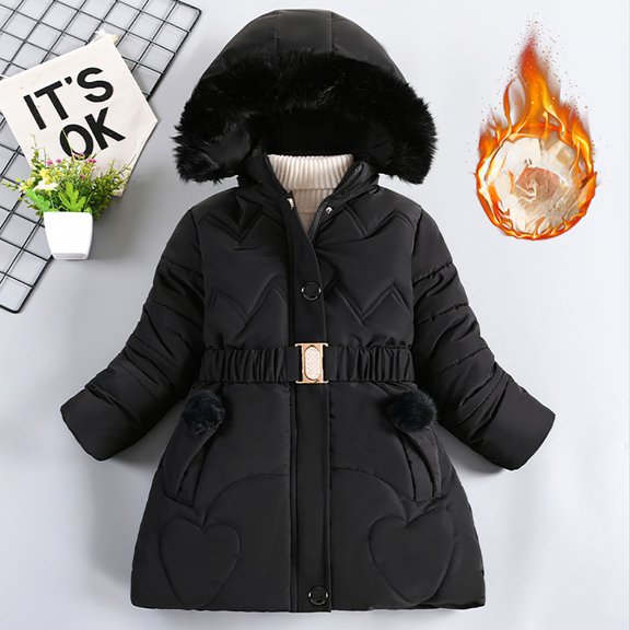Huowey Girls Winter Coat Long Sleeve Solid Color Hooded Zipper Padded Jacket Mid-Length Plus Thickening Warm Tops With Elastic Belt Fashion Heavyweight Comfy Outwear,Black,5-6 Years