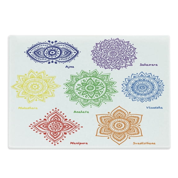 Colorful Cutting Board, Different Colors with Ornate Round Mandala Oriental Style Print, Decorative Tempered Glass Cutting and Serving Board, Large Size, Multicolor, by Ambesonne
