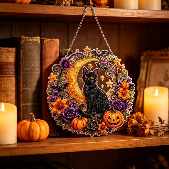 Double Sided Black Cat Moon Diamond Art Hanging Ornament, Halloween DIY Diamond Painting Kit with Pumpkin Bat Floral, Fall Decor Pendant for Wall Door Home Party Display
