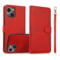 Detachable Wallet Case for iPhone 14 Plus, Removable PU Leather Wrist Hand Strap 2 in 1 Design Flip Folio Cover with Card Slots Holder Magnetic Car Mount Kickstand Protective Phone Case, Red