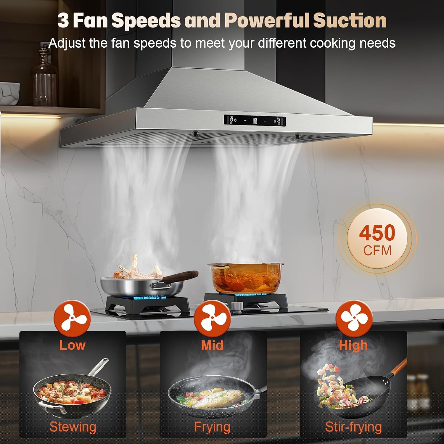 Joeaonz 24-Inch Wall Mount Range Hood Stainless Steel with Filters, 450 CFM, 120V, Touch Gesture Control, 3-Speed