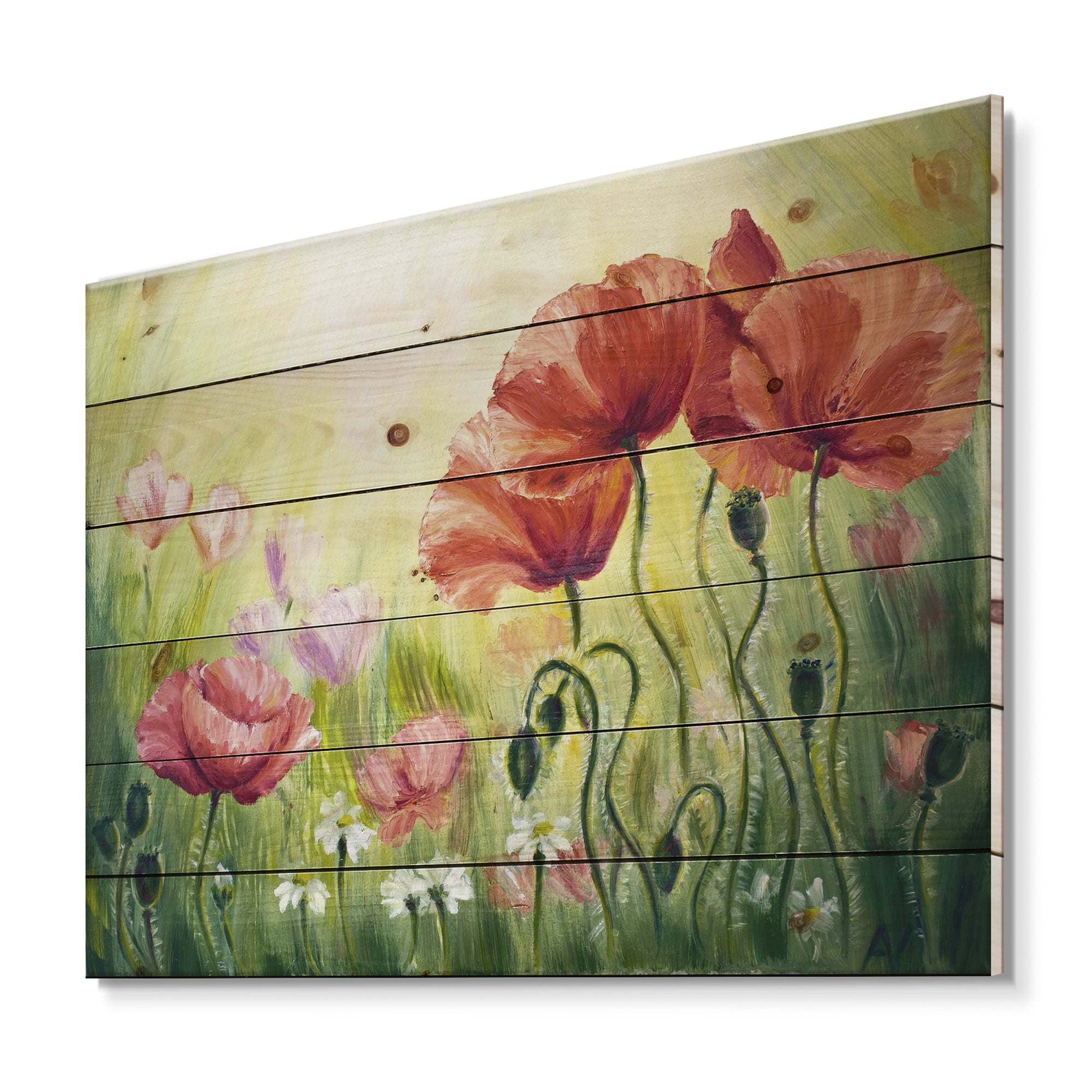 Designart 'Blossoming Red and Purple Poppies In The Morning I' Traditional Print on Natural Pine Wood